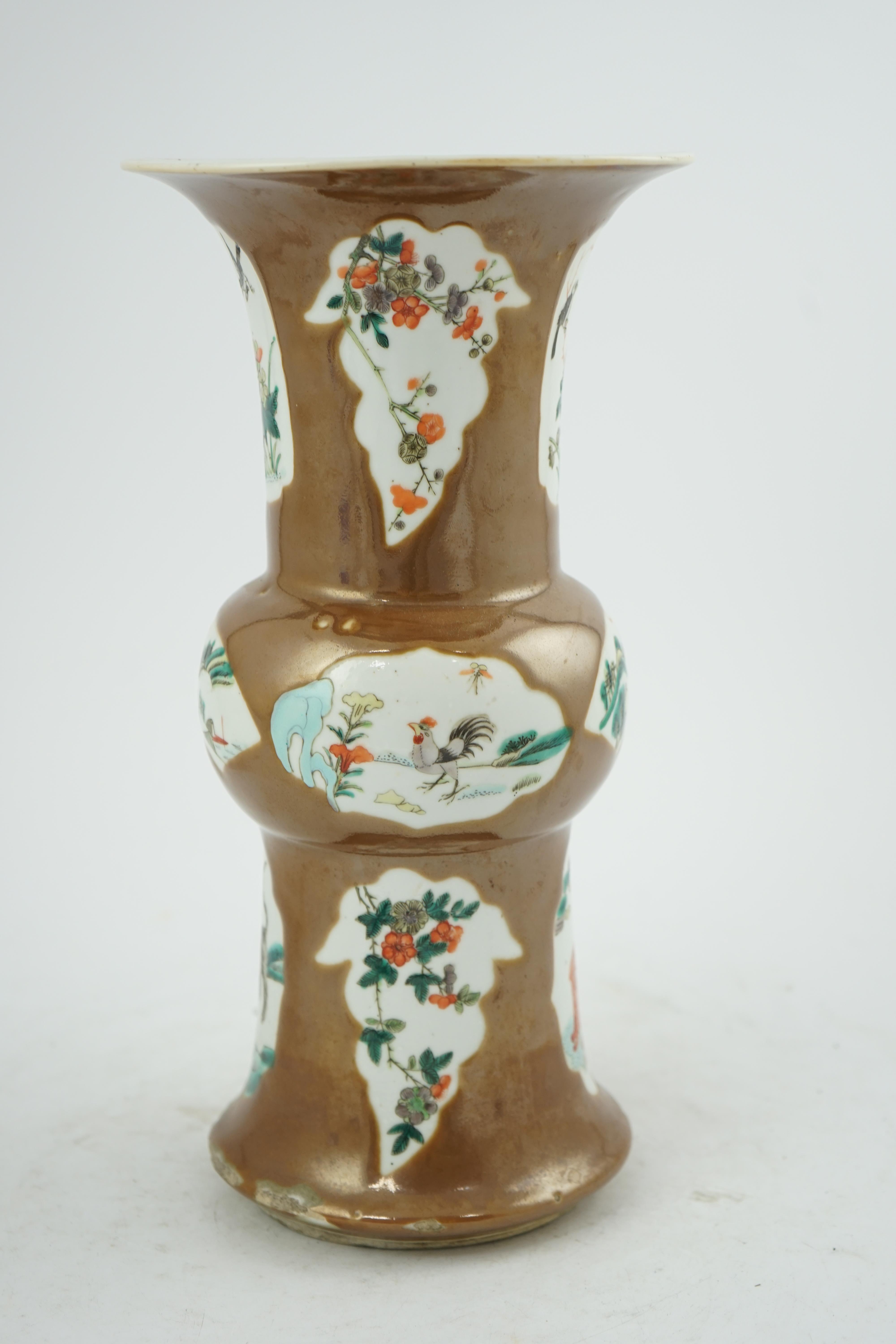 A Chinese cafe-au-lait ground beaker vase, gu, 19th century